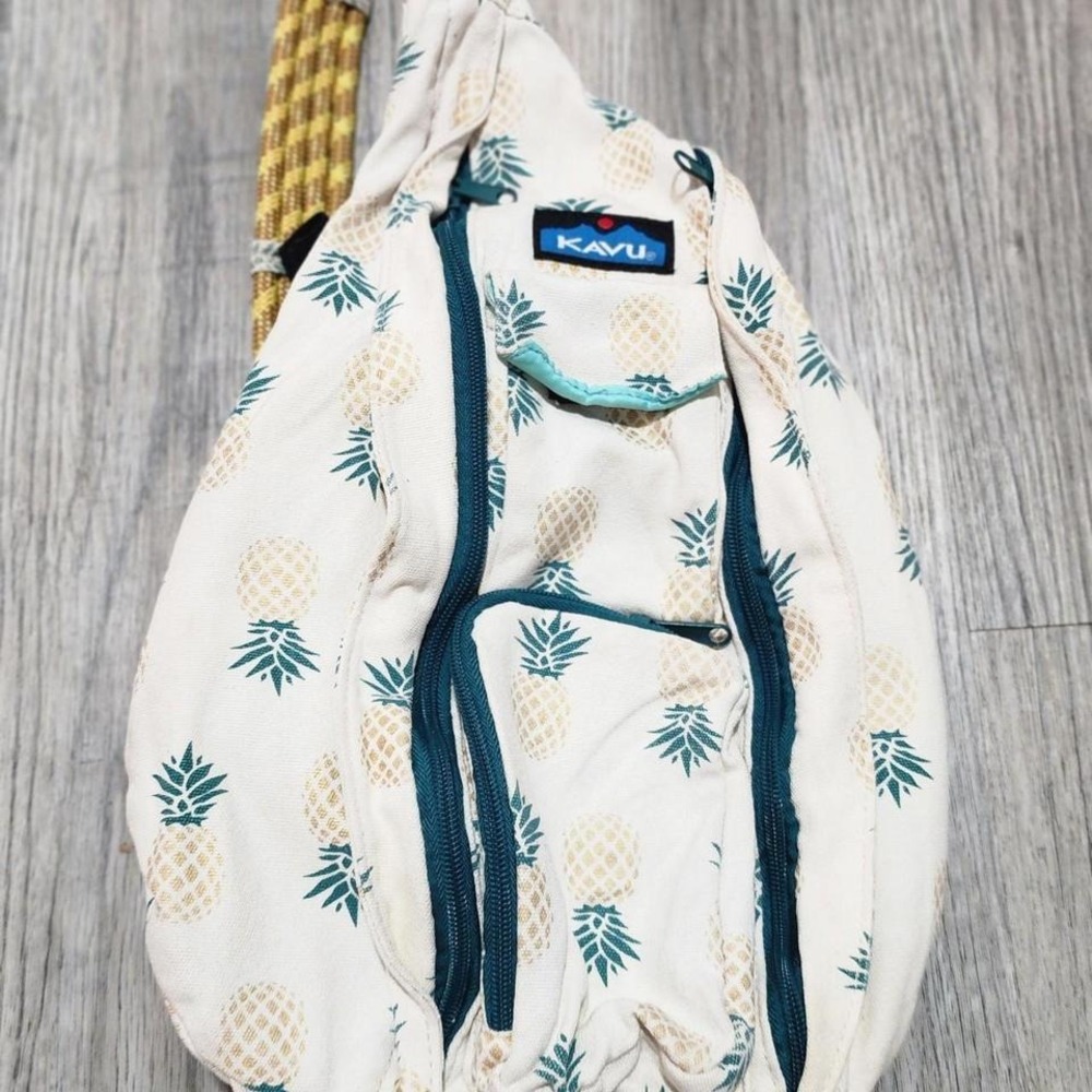 KAVU Rope Sling Pineapple Print Crossbody Bag Adjustable Strap Beige Yellow